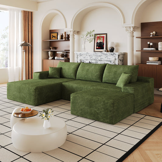107-inch Cloud Sectional Sofa with 1 Ottoman in green ribbed fabric on Tampa Home & Garden Store