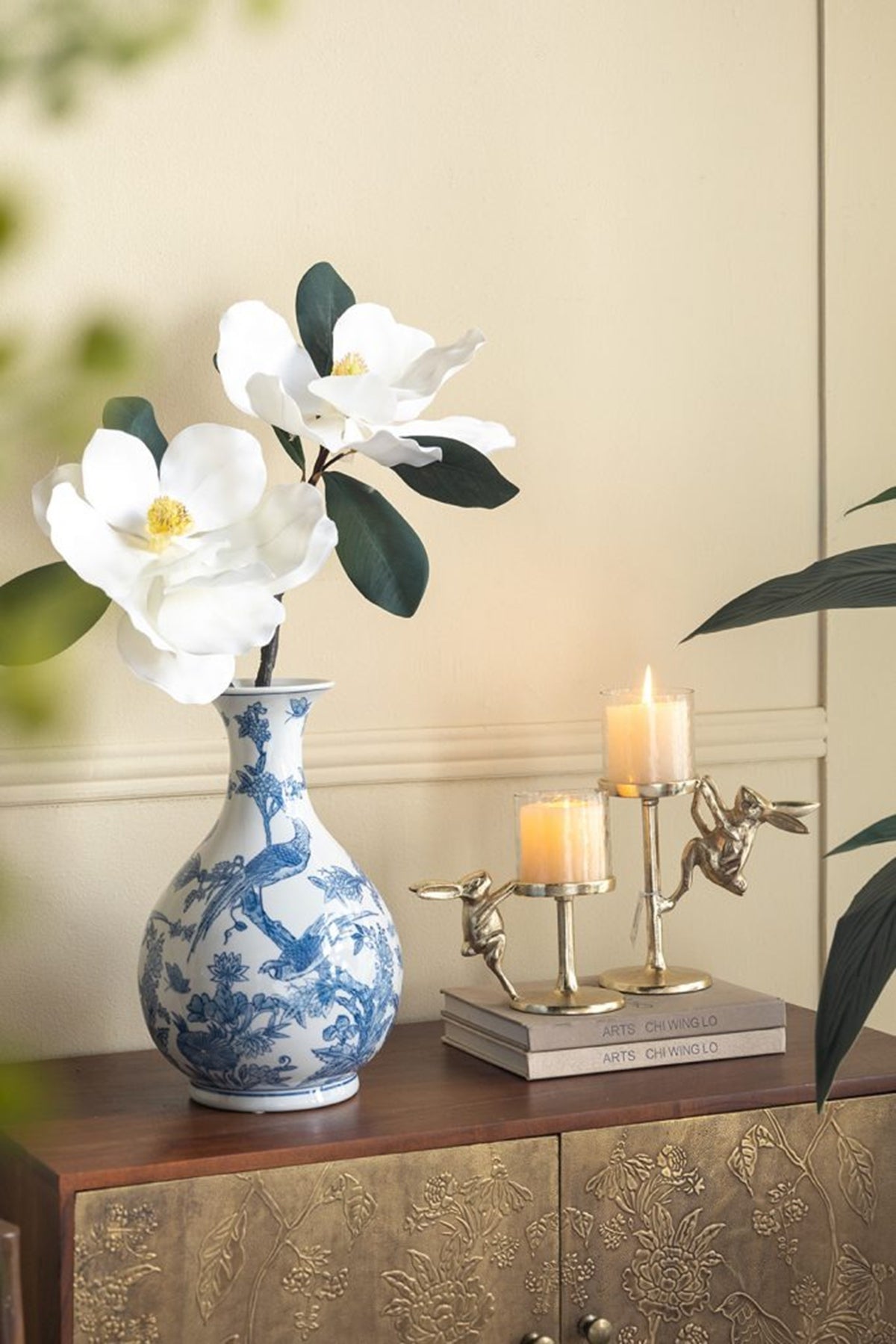 HouseOfZazla gold rabbit pillar candle holders with clear glass hurricane shades, pair on Tampa Home & Garden Store
