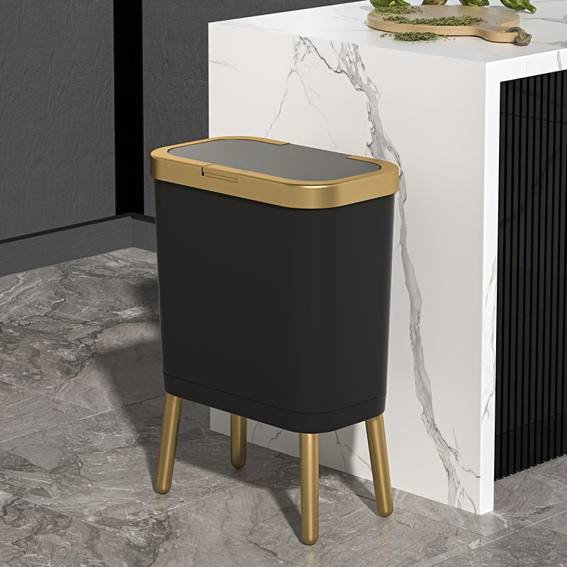 Slim 15L Trash Can With Lid Odor Sealing Bin by Moktan Sabai, black body with gold lid and legs on Tampa Home & Garden Store