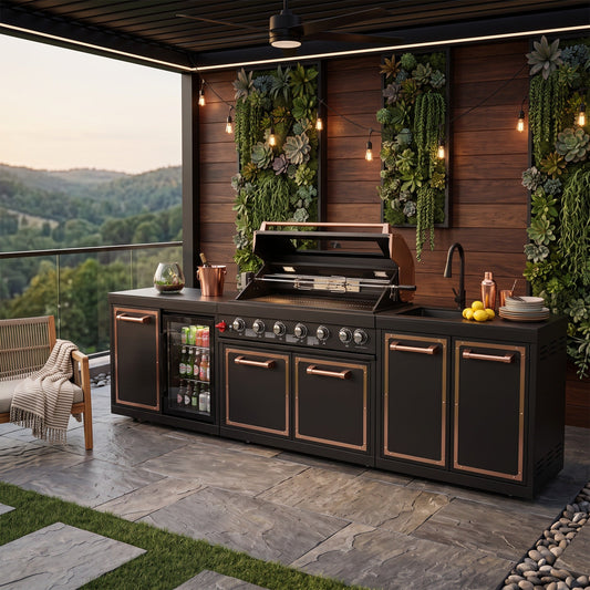 Luxury BBQ grill by HouseOfZazla with copper handles in black outdoor kitchen on Tampa Home & Garden Store