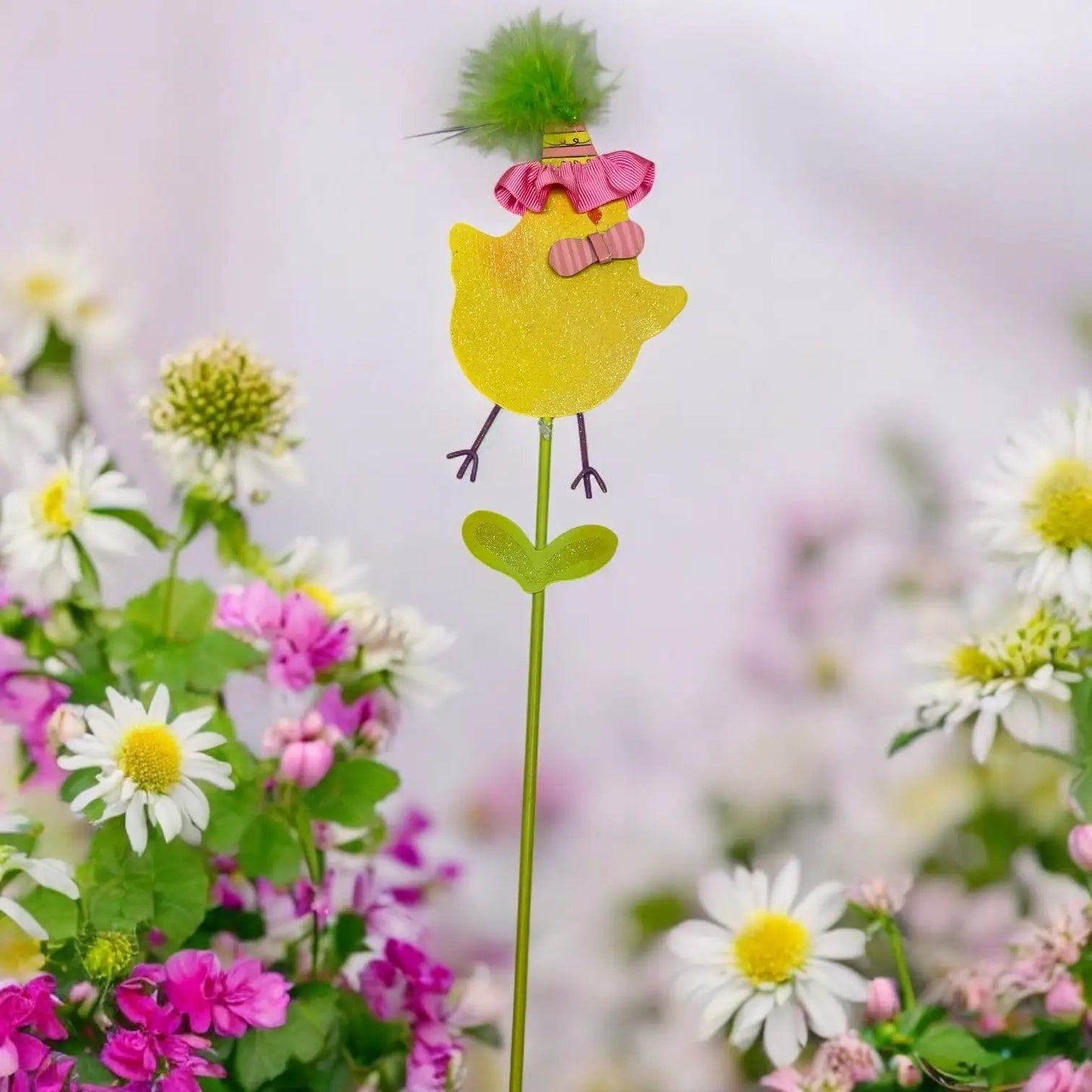 15 Inch Metal and Wood Spring Stake Yellow Chick with pink bow and glitter finish on Tampa Home & Garden Store