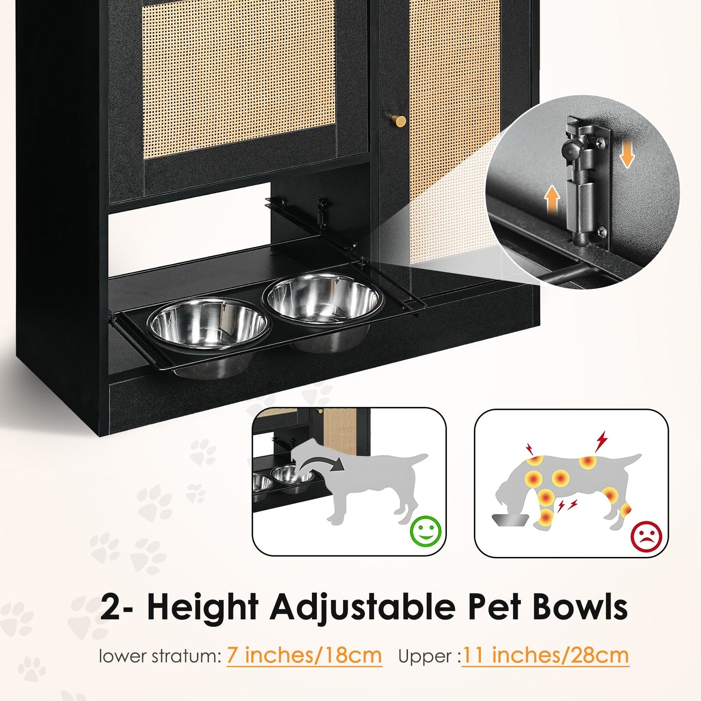 Feeding Station with 2 Lockers and Elevated Bowls Black by HouseOfZazla with cane-panel doors on Tampa Home & Garden Store