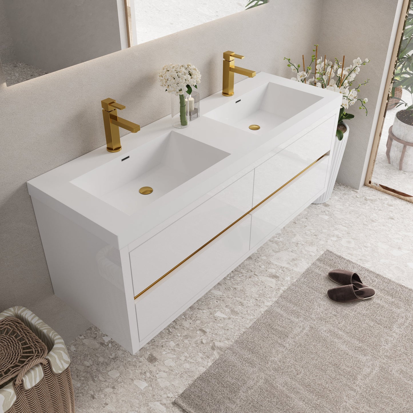 60-inch dual-sink wall-mounted vanity with white countertop and gold faucets, cabinet on Tampa Home & Garden Store