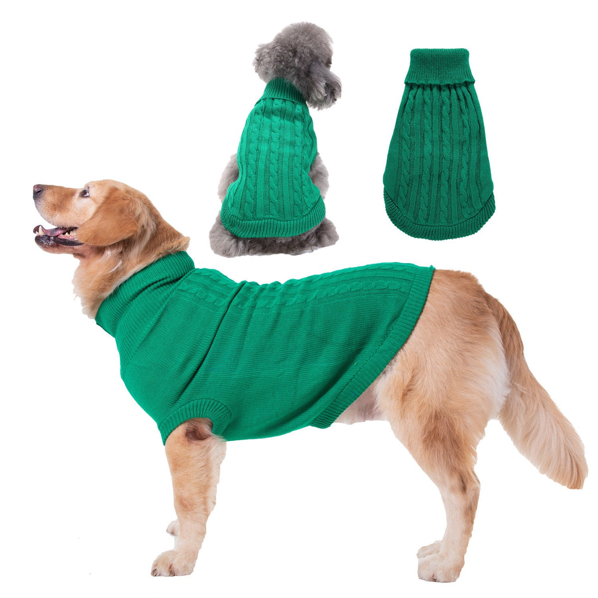 Pet Zen solid green cable-knit puppy dog sweater for small dogs shown worn on a dog with a flat-view garment on Tampa Home & Garden Store