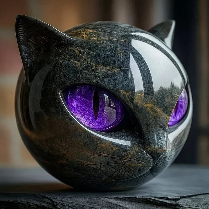 Cat Head Decorative Sculpture Moktan Sabai, black patina finish with purple eyes on Tampa Home & Garden Store