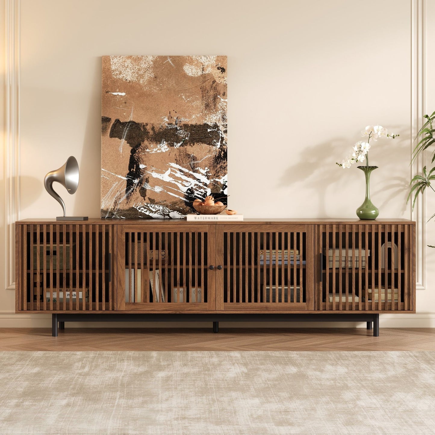 Walnut TV stand with closed storage, cable management, soft closing hinges by HouseOfZazla on Tampa Home & Garden Store