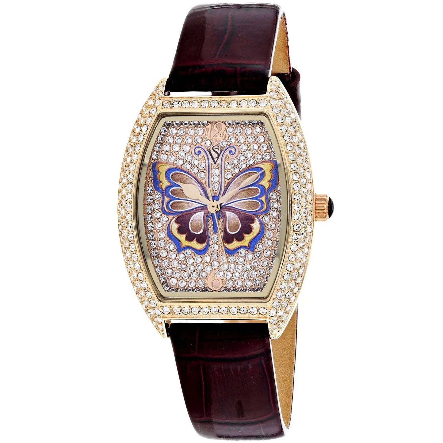 Christian Van Sant Papillon women's watch with butterfly dial, crystal-studded gold-tone case, burgundy leather strap on Tampa Home & Garden Store