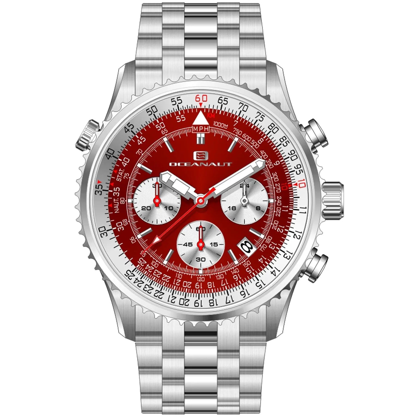 Oceanaut Flight red dial watch with stainless steel case and bracelet tachymeter bezel on Tampa Home & Garden Store
