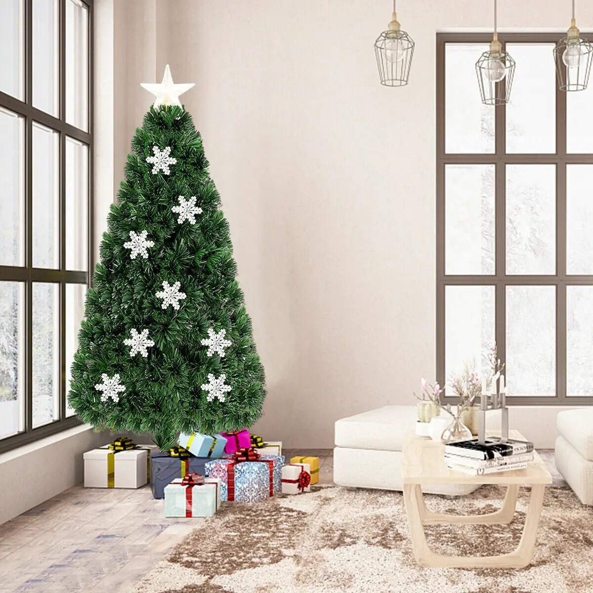 Wooden dining chairs set of 4 upholstered with rubber wood frame beside a Christmas tree on Tampa Home & Garden Store