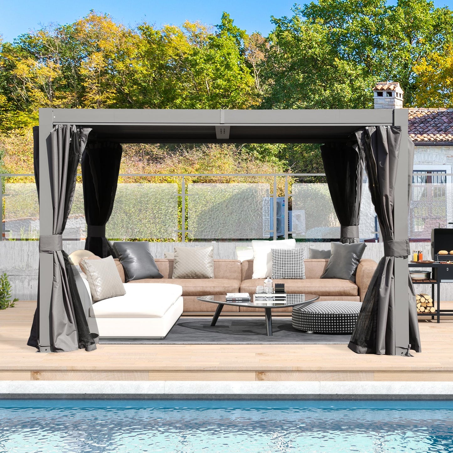 10x10 ft outdoor louvered pergola with adjustable louvers, gray frame and dark curtains on Tampa Home & Garden Store