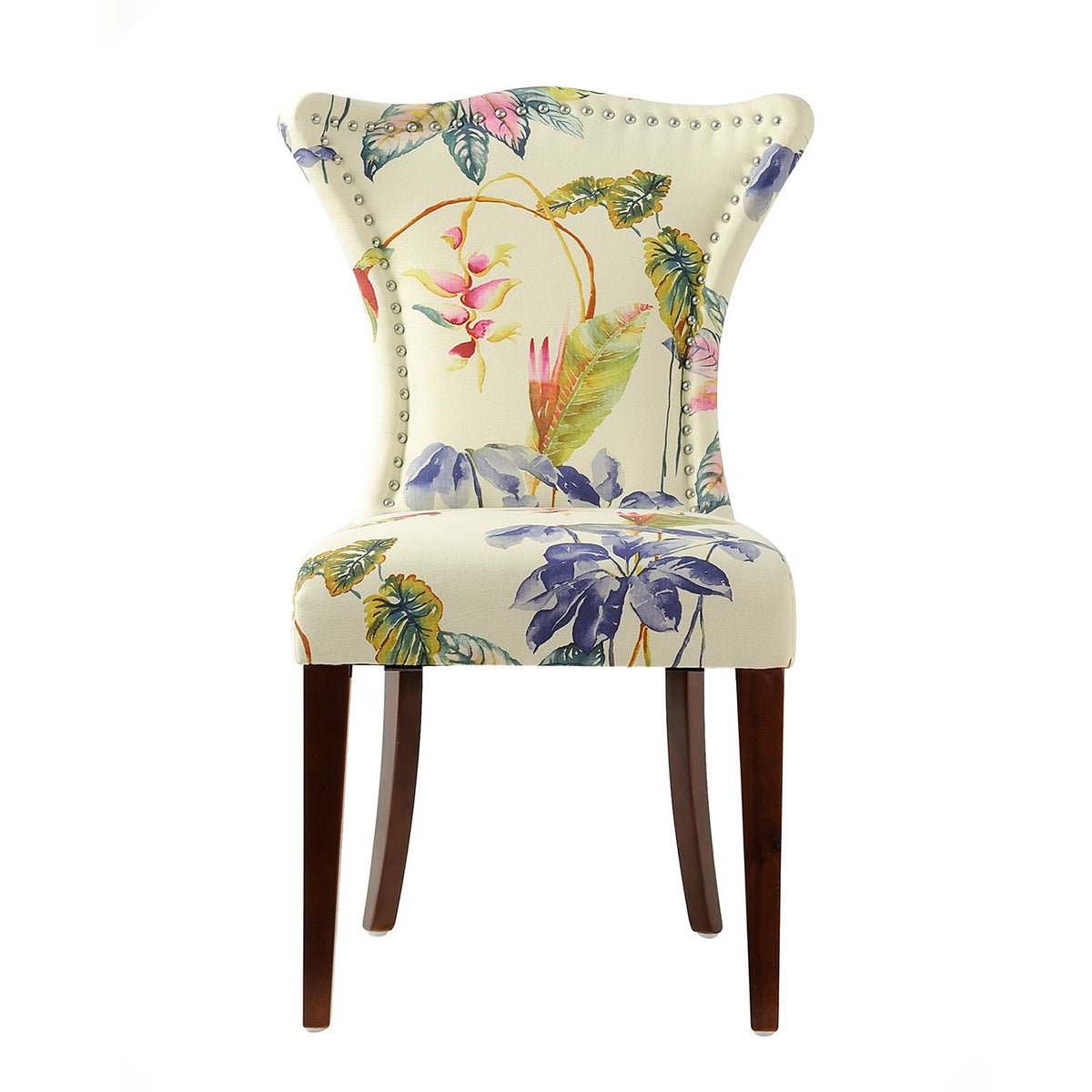 Off-white floral upholstered armless accent chair with nailhead trim and dark wood legs on Tampa Home & Garden Store