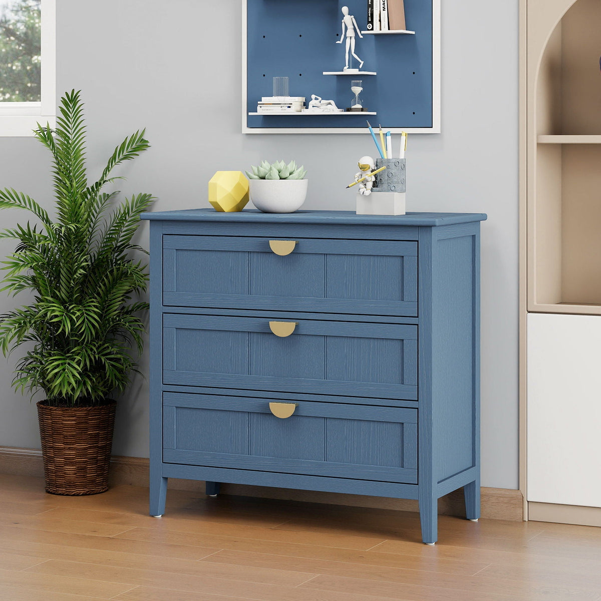 Classic blue hand-stained 3-drawer accent cabinet on Tampa Home & Garden Store
