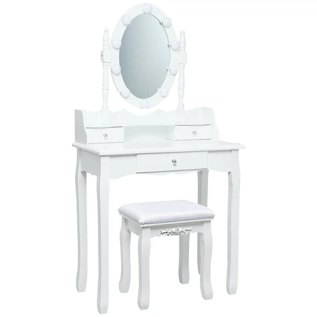 Oval Vanity Mirror Set with LEDs, white finish, top drawers and drawer, cushioned stool on Tampa Home & Garden Store