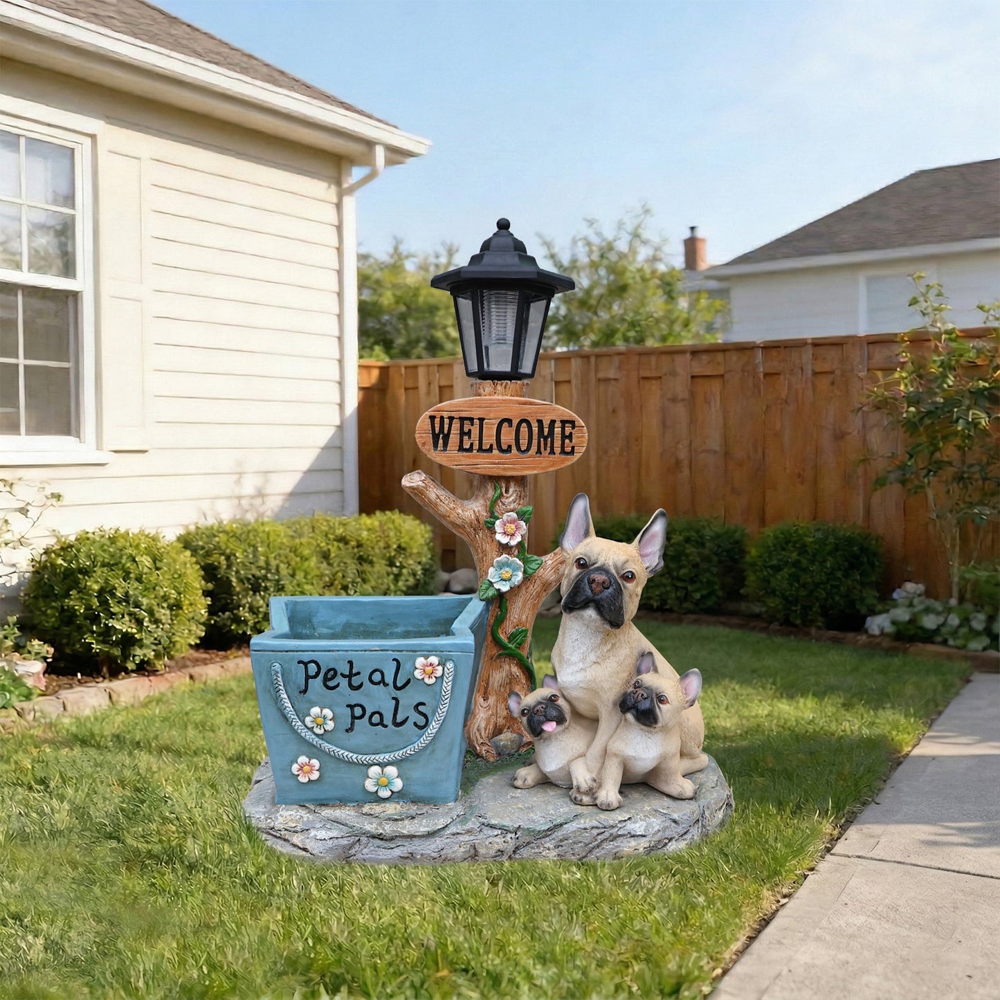French Bulldog Family Planter by HouseOfZazla with black lantern and blue Petal Pals planter on Tampa Home & Garden Store