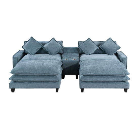 Modern blue 3-piece sectional sofa by HouseOfZazla with removable ottomans and cupholder console on Tampa Home & Garden Store
