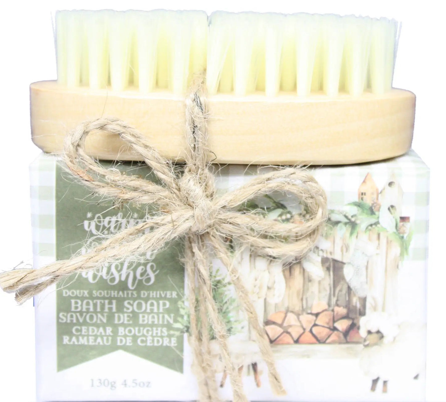Cedar Boughs Bar Soap with Nail Brush; pale ivory soap on a gift box wrapped in jute twine on Tampa Home & Garden Store