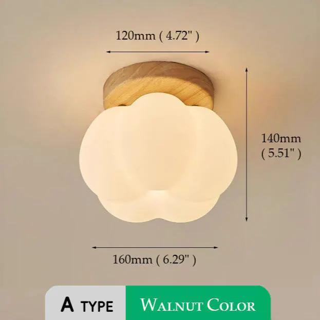 Pumpkin round flush mount LED ceiling light with walnut wood base and frosted glass petals on Tampa Home & Garden Store