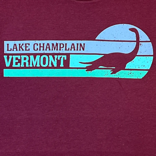 Vermont Champ Burgundy Lake Champlain T Shirt with teal lake stripes and bird on burgundy on Tampa Home & Garden Store