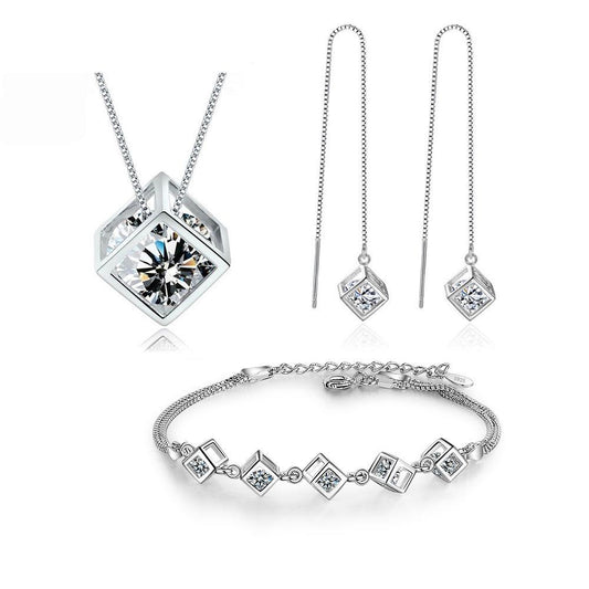 Stevvex silver square-cube zircon necklace set with threader earrings and bracelet on Tampa Home & Garden Store