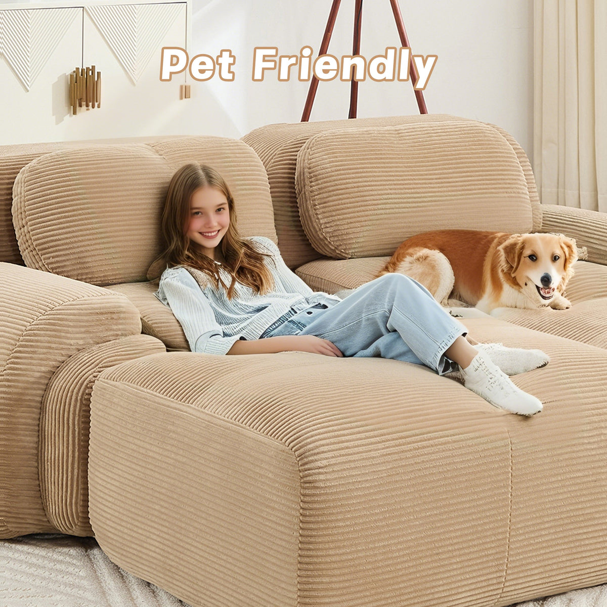 Three-Seat Modular Sofa With 3 Ottomans in camel corduroy fabric, beige HouseOfZazla on Tampa Home & Garden Store