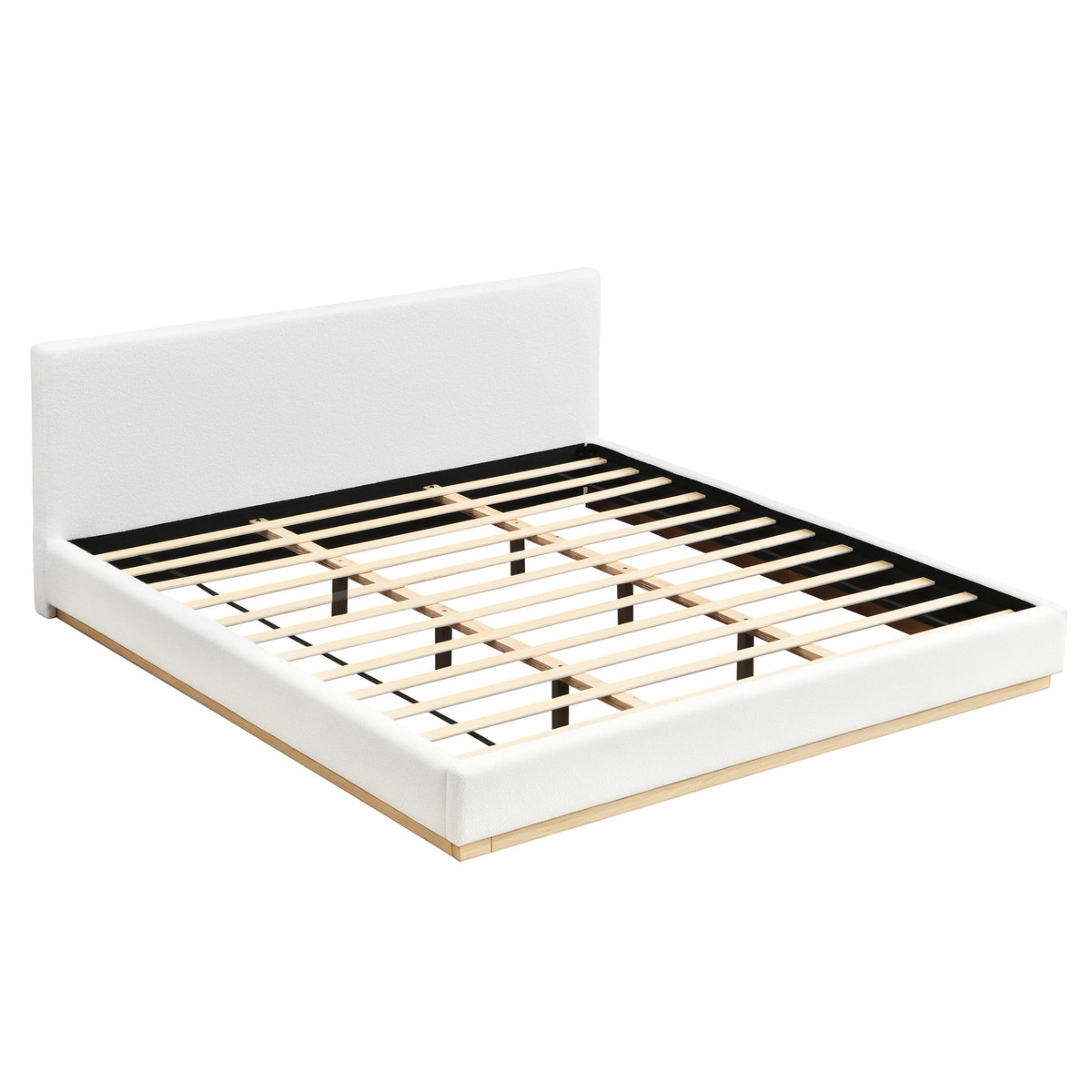 Elegant white upholstered bed frame with wooden slat base on Tampa Home & Garden Store