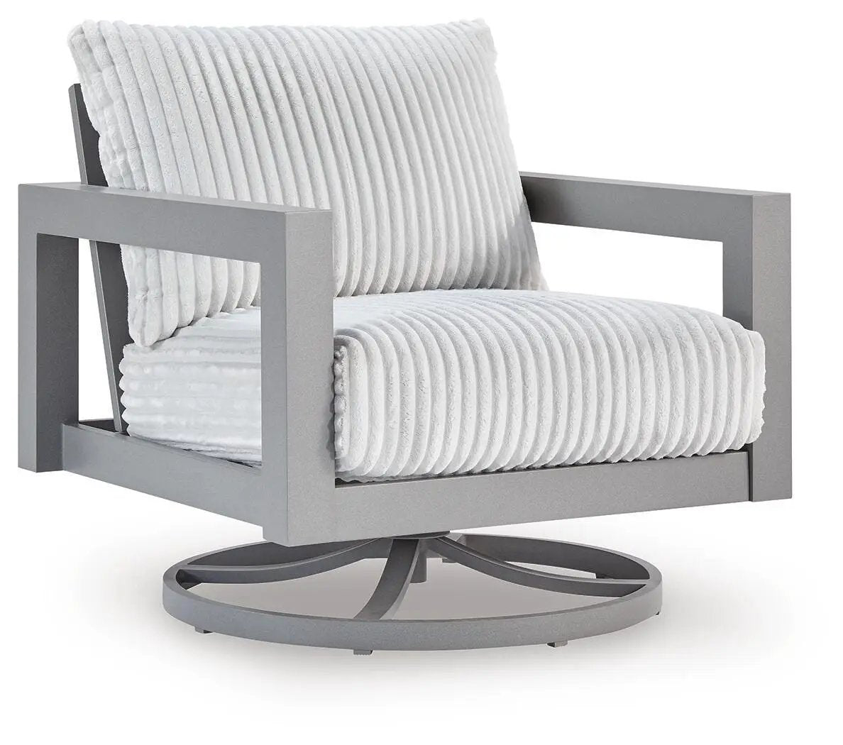 Hurley Park Swivel Chair with Cushion in gray metal frame and ribbed white cushions on Tampa Home & Garden Store