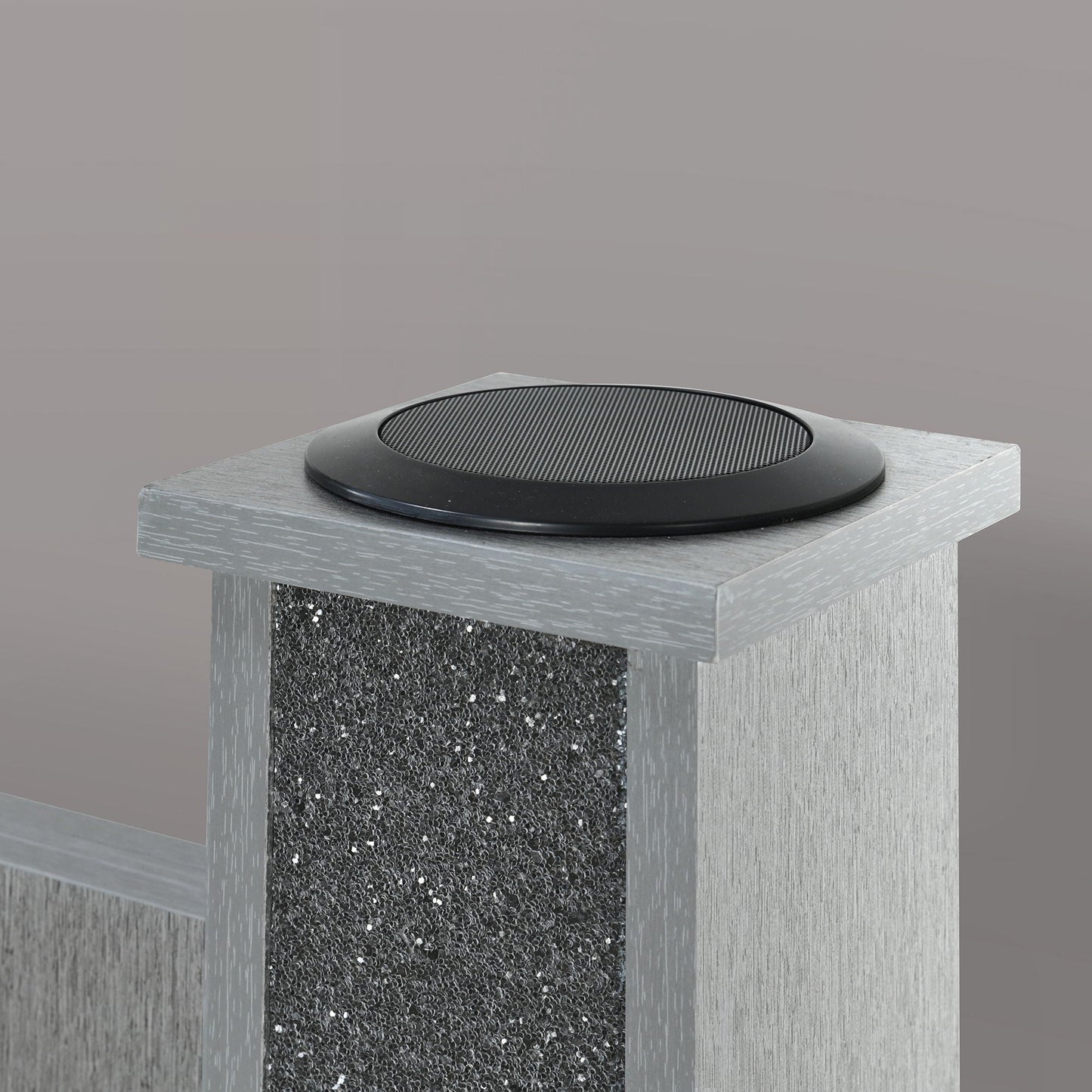 Lorenzo bed with speakers and glitter detailing, grey wood nightstand with circular speaker grill on Tampa Home & Garden Store