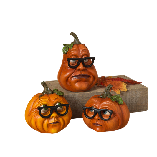 Tabletop pumpkin figurines set of 4 with black glasses on wooden display on Tampa Home & Garden Store