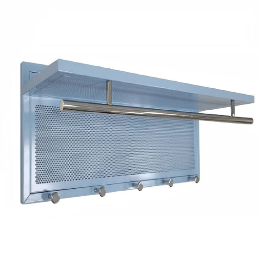 Esyspot wall-mounted coat rack with shelf in blue metal, chrome rod, 5 hooks on Tampa Home & Garden Store