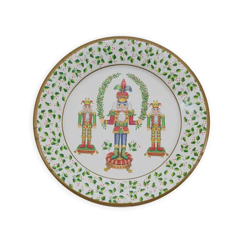 Nutcracker Christmas Dinner Plates 8 per Pack, paper plates with holly border and gold trim on Tampa Home & Garden Store