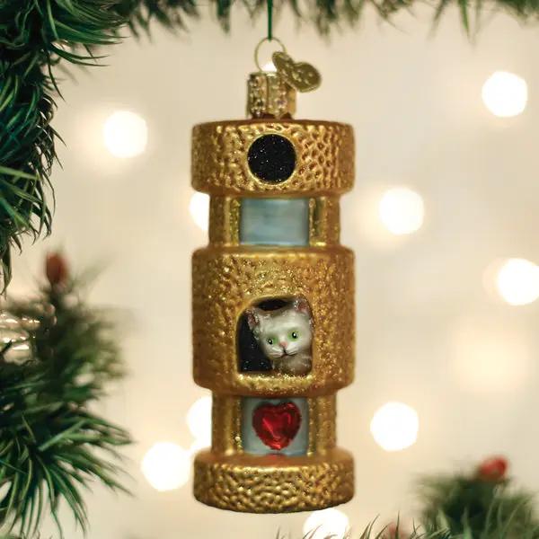Cat Tower Ornament for Play and Sleep gold textured cat tower with cat in window on Tampa Home & Garden Store