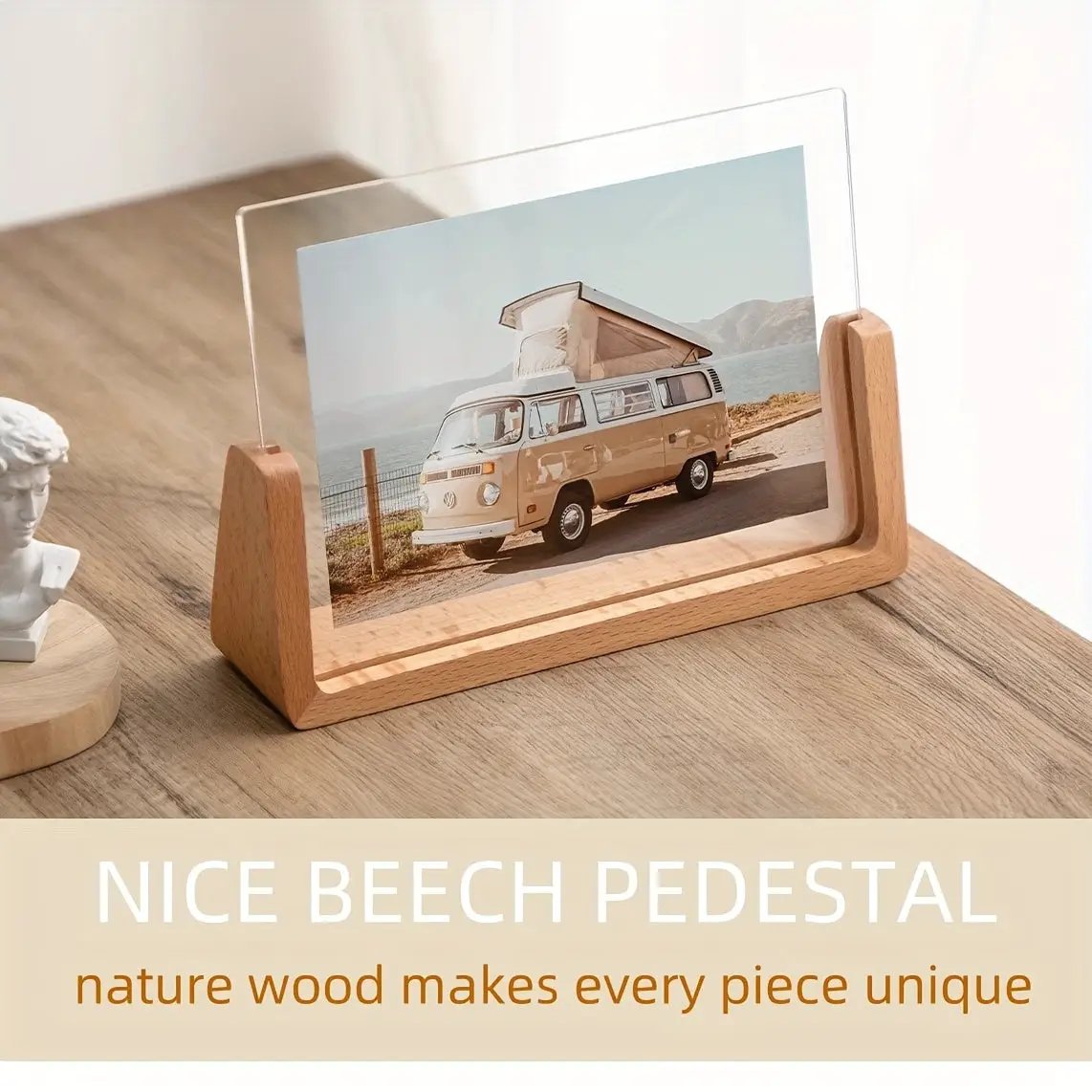 6 Inch U Shaped Acrylic and Wood Photo Frame desktop display with natural wood base on Tampa Home & Garden Store