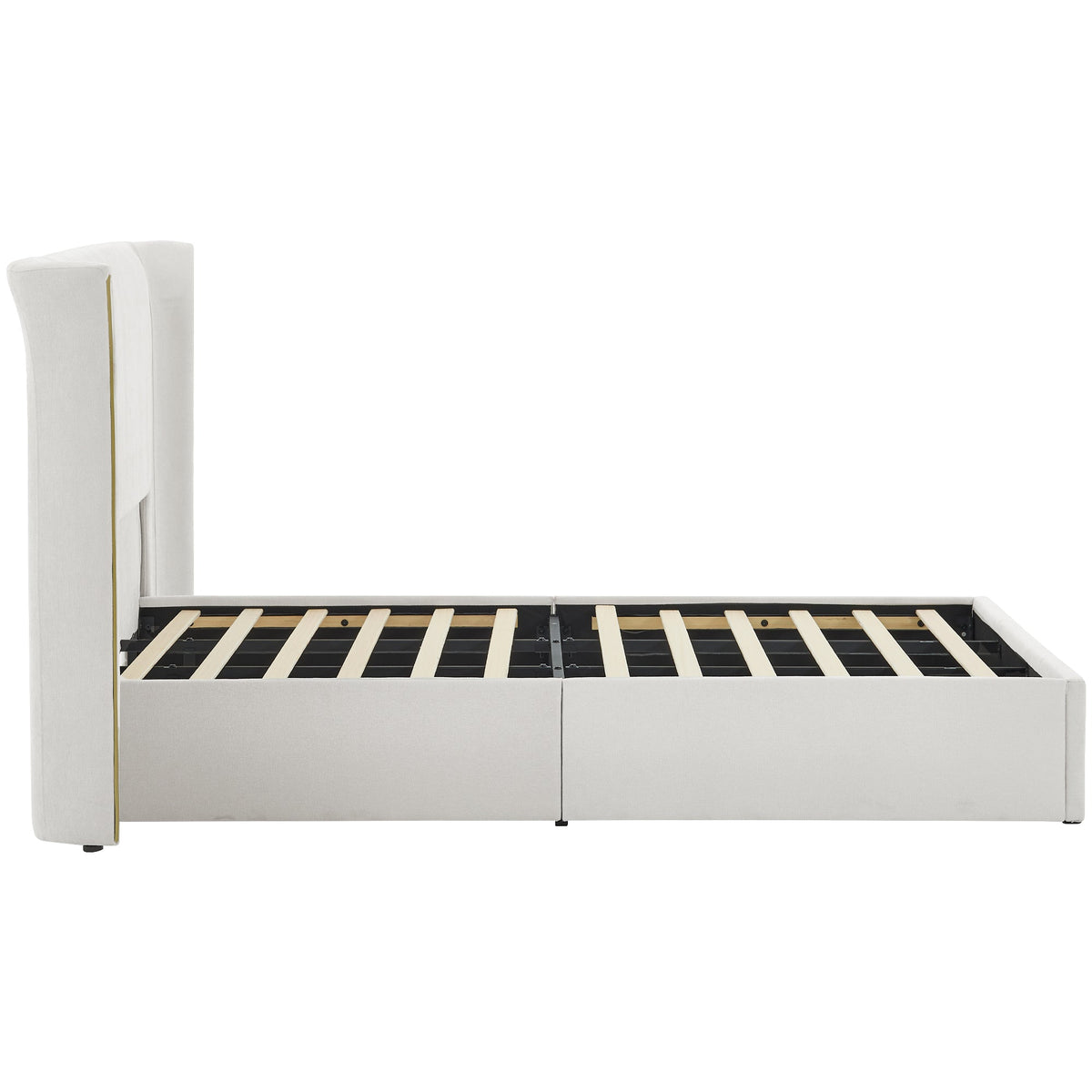 King size beige wing-back upholstered bed frame with padded headboard HouseOfZazla base on Tampa Home & Garden Store