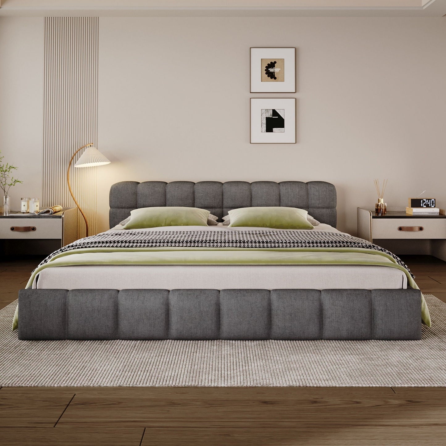 Elegant Upholstered Bed in grey fabric with checkerboard throw by HouseOfZazla on Tampa Home & Garden Store