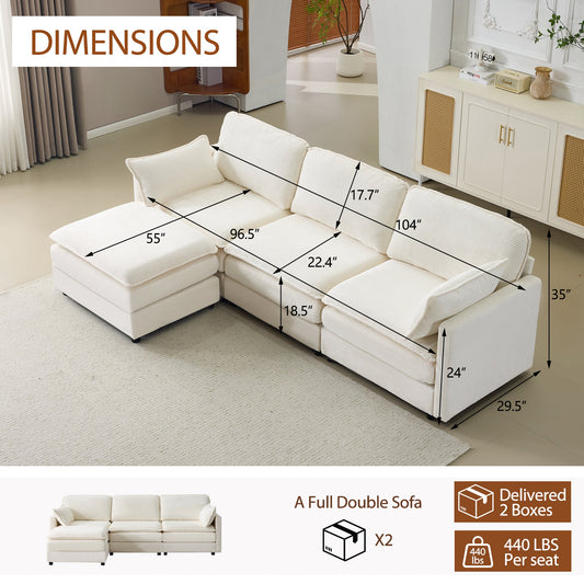 104in Plush Cloud 3-Seater Sofa with Ottoman in soft white fabric; modular sectional design on Tampa Home & Garden Store