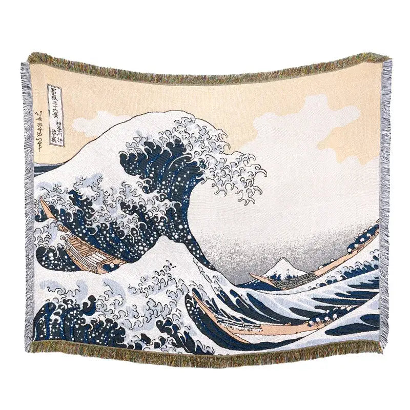 Blue geometric knitted throw blanket by Decorbites with wave artwork on Tampa Home & Garden Store