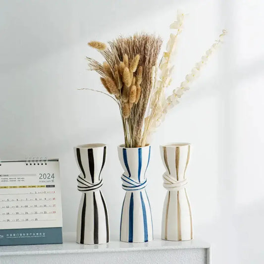 Abstract Ceramic Hydroponic Vase Black set of three white striped vases with blue accents on Tampa Home & Garden Store