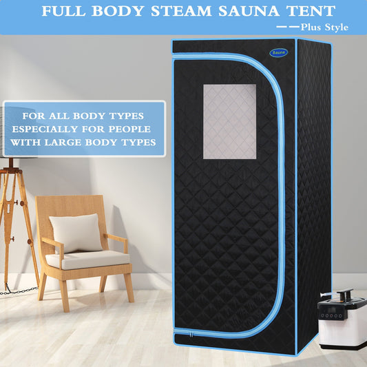 Portable full-size steam sauna tent with blue piping, black quilted fabric, HouseOfZazla on Tampa Home & Garden Store