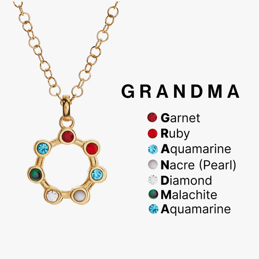 Grandma Hidden Message Acrostic Necklace by ALEX AND ANI with gem accents on a gold chain on Tampa Home & Garden Store
