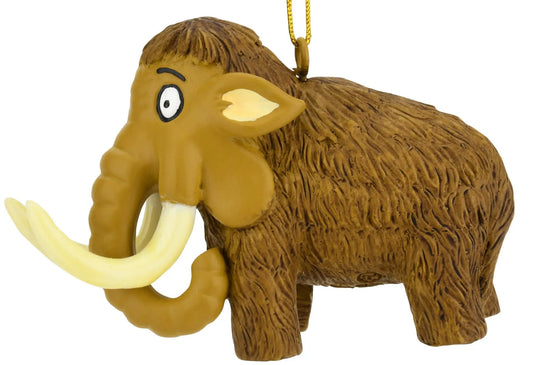 Woolly mammoth Christmas ornament with brown fur texture and ivory tusks, hanging ornament on Tampa Home & Garden Store