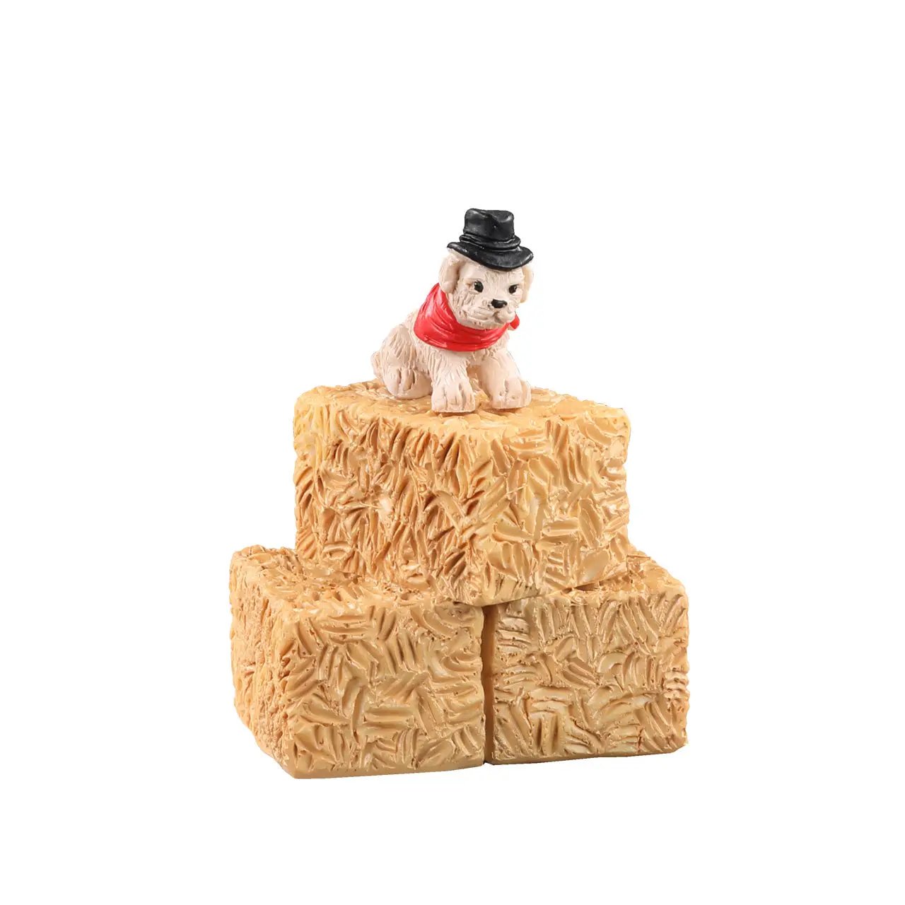 Festive Dog on Hay Bales Country Christmas Loft red scarf black hat atop hay blocks on Tampa Home & Garden Store