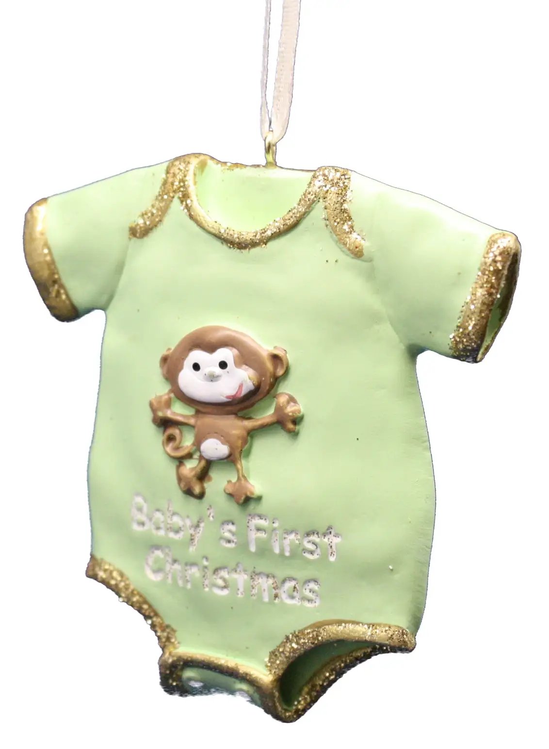 Baby's First Christmas Monkey Ornament in a green onesie with gold trim on Tampa Home & Garden Store