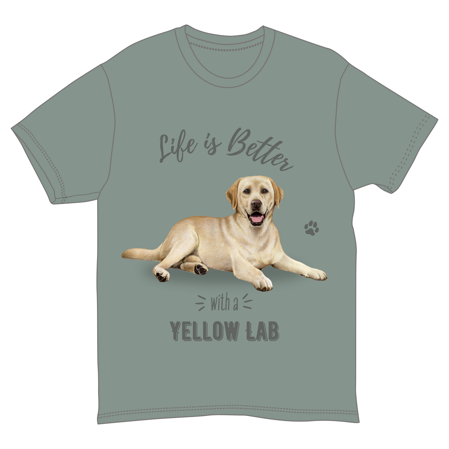 Life Is Better With a Yellow Lab T Shirt sage green tee with yellow lab on Tampa Home & Garden Store