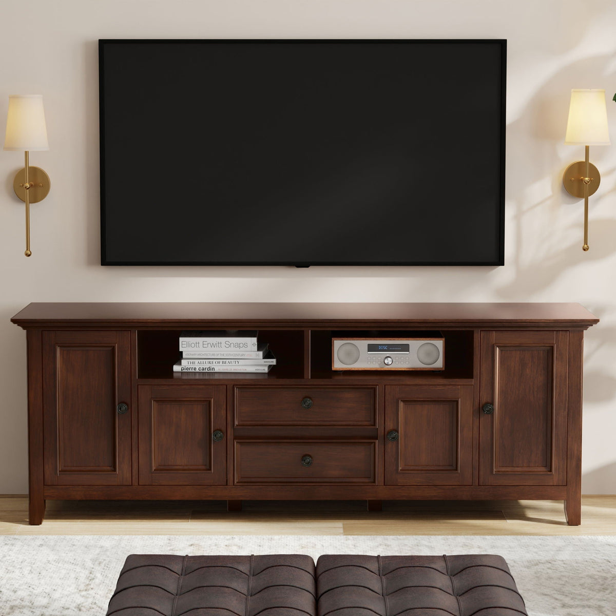 Amherst TV Stand brown wood with shelf and drawers for up to 80-inch TVs HouseOfZazla on Tampa Home & Garden Store