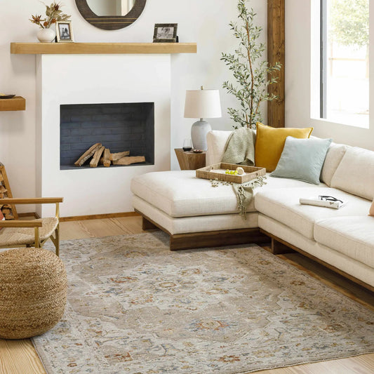 Adana Oushak Rug cream and denim by Boutique Rugs, living room rug in soft neutral tones on Tampa Home & Garden Store
