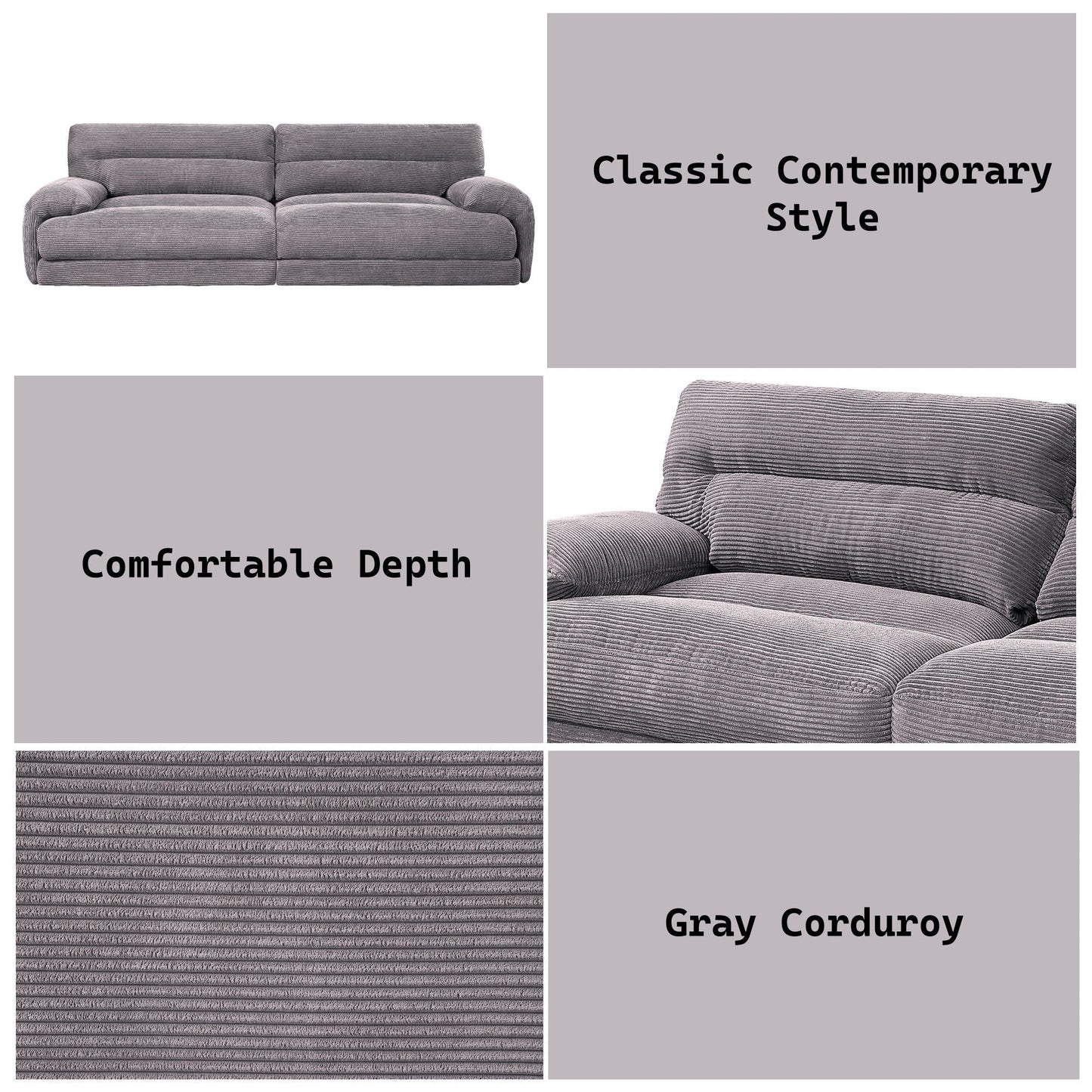 Cadenza Corduroy Sofa Gray by HouseOfZazla stationary sofa with gray corduroy upholstery on Tampa Home & Garden Store
