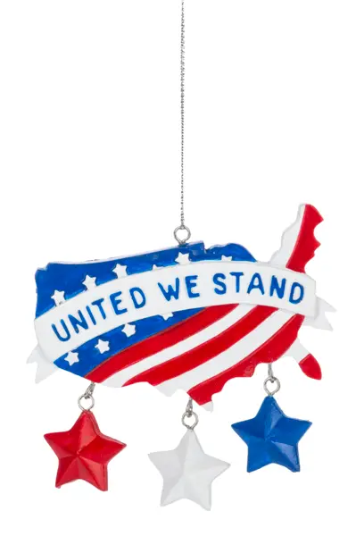 USA map ornament United We Stand with red white blue stripes and star charms on Tampa Home & Garden Store