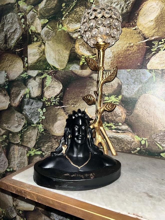 Vibhsa Adiyogi statue bust for car dashboard, black figure with gold stem and crystal orb on Tampa Home & Garden Store