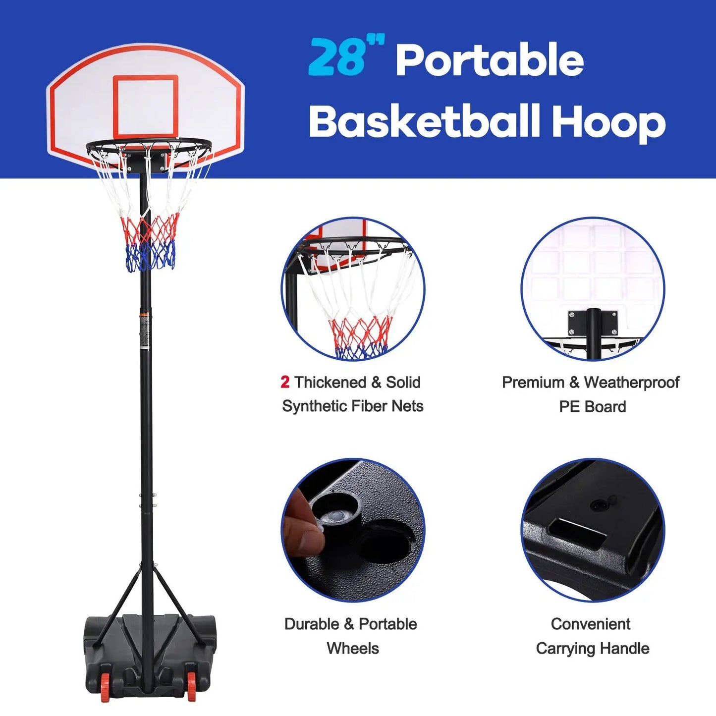 Adjustable basketball hoop system with wheels, 28-inch portable model by DirectDeals on Tampa Home & Garden Store