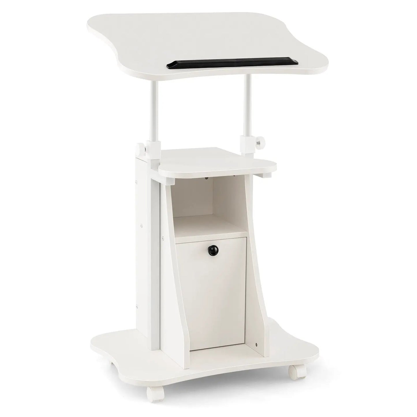 Adjustable mobile standing desk cart with tilt by DirectDeals, white with cabinet wheels on Tampa Home & Garden Store